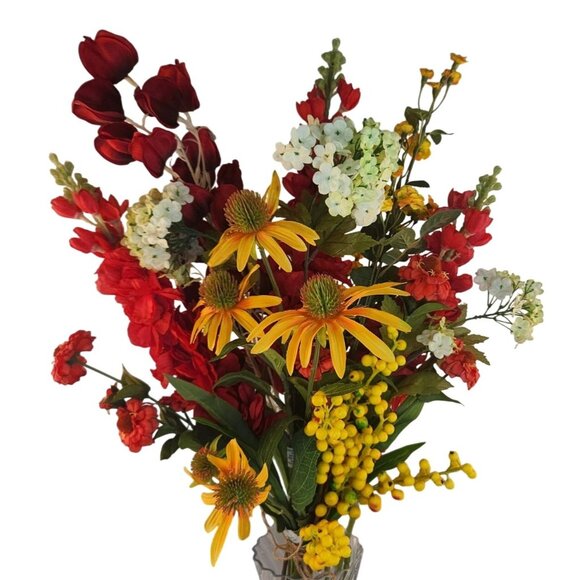 Vibrant Artificial 10-Stem Mixed Floral Bunch W/ Red Yellow & White Blooms - Picture 1 of 16